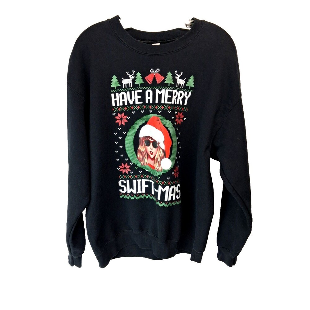 Gildan Unisex Black Taylor Swift Christmas Round Neckline Long Sleeve Sweatshirt